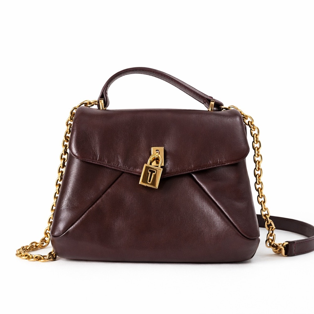 Ted Baker Poppy Top Handle Bag Brown Leather Gold Chain Strap Small Purse